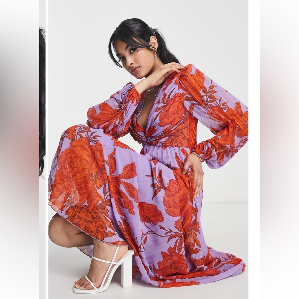ASOS DESIGN Pleated Floral Long Sleeve Maxi Dress size 2